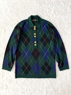 VTG Escada Woman Forest Green Merino Wool Argyle Polo Sweater SIZE34 Luxury 90s